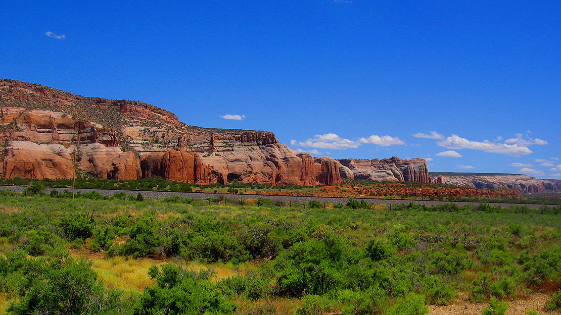 New Mexico horizon with green foliage and clear skies.