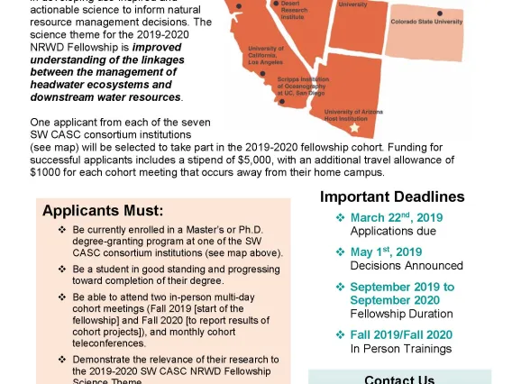 Flyer for SW CASC Natural Resources Workforce Development Fellowship.