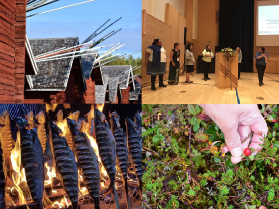 Collage of 4 photos in clockwise order from top left: Houses with rods mounted to their roofs, people presenting in front of a podium, a hand pulling a berry off of a bush, fish being cooked near an open flame.