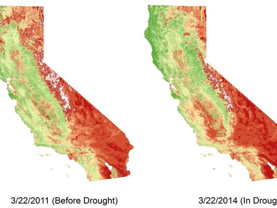 2 illustrated maps of California side by side showing the before and after impact of it being in a drought.