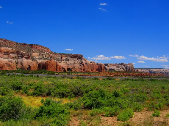 Photograph of New Mexican landscape with mountains and cliffs in the distance.