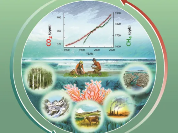 Illustrated image featuring illustrations of different aspects of nature (a forest, a mountain, a cow grazing, and a river) as well as an illustrated image of a factory and a graph showing carbon output into the atmosphere.