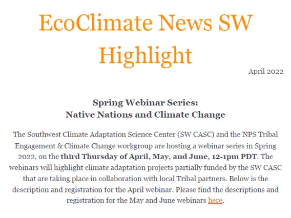 Screenshot of April 2022 SW CASC newsletter.