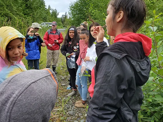 A group of students in the forest on a light rainy day.