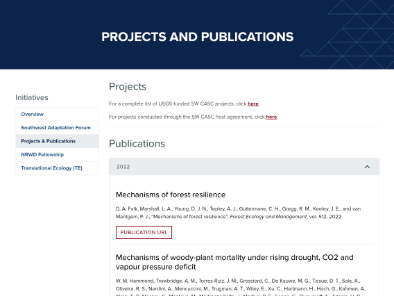 Projects and Publications page on the SW CASC website.