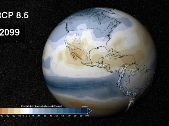 Simulated image of Earth for the year 2099 and color indicated data for precipitation abnormality