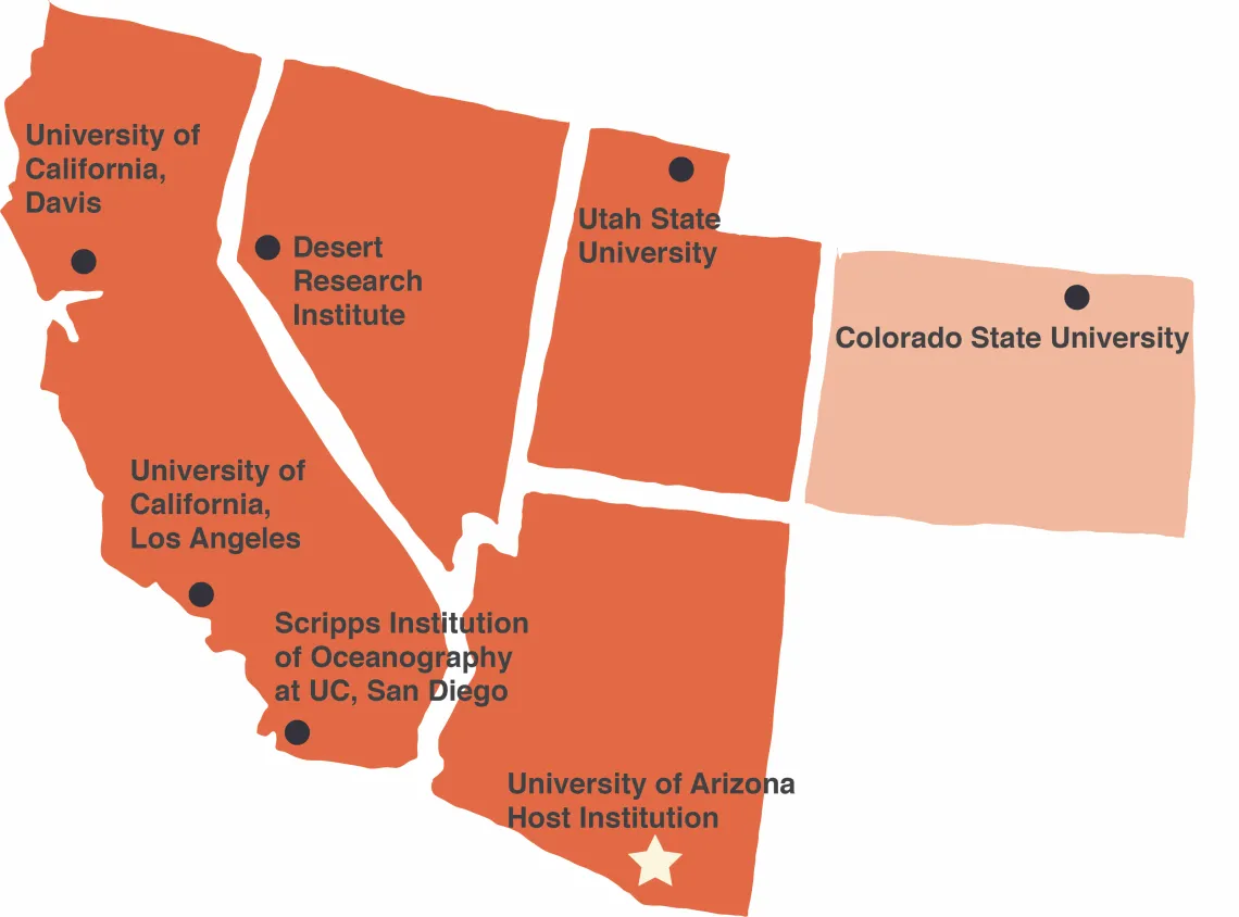 Illustrated map of the SWCASC region and university locations.