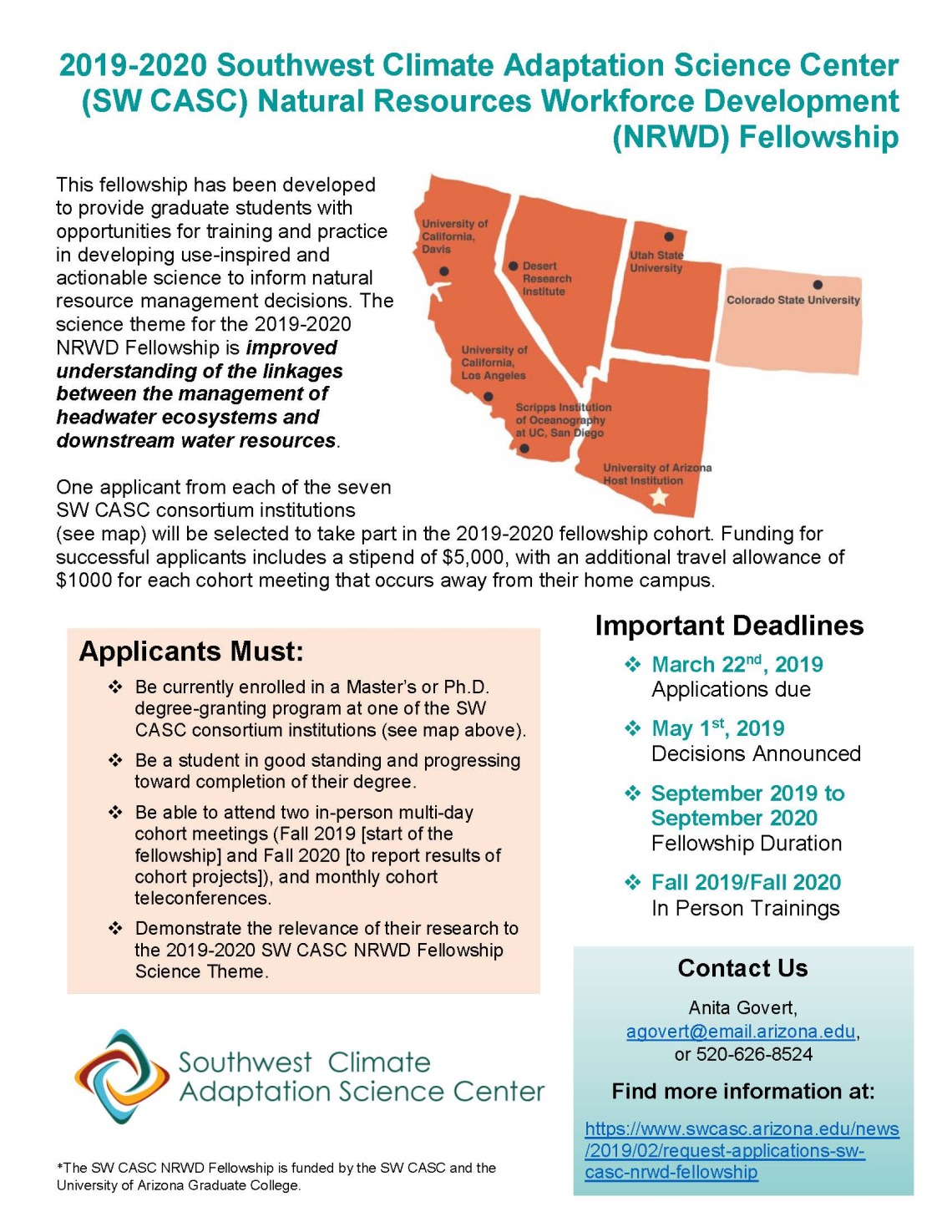 Flyer for SW CASC Natural Resources Workforce Development Fellowship.