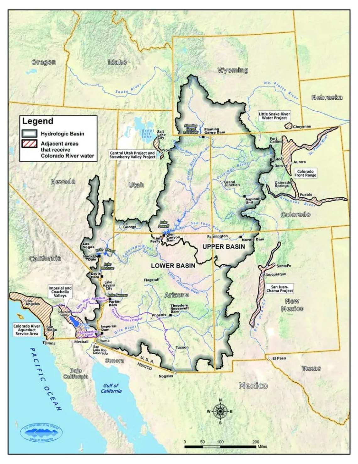 Illustrated map of lower and upper basins of the Colorado River.