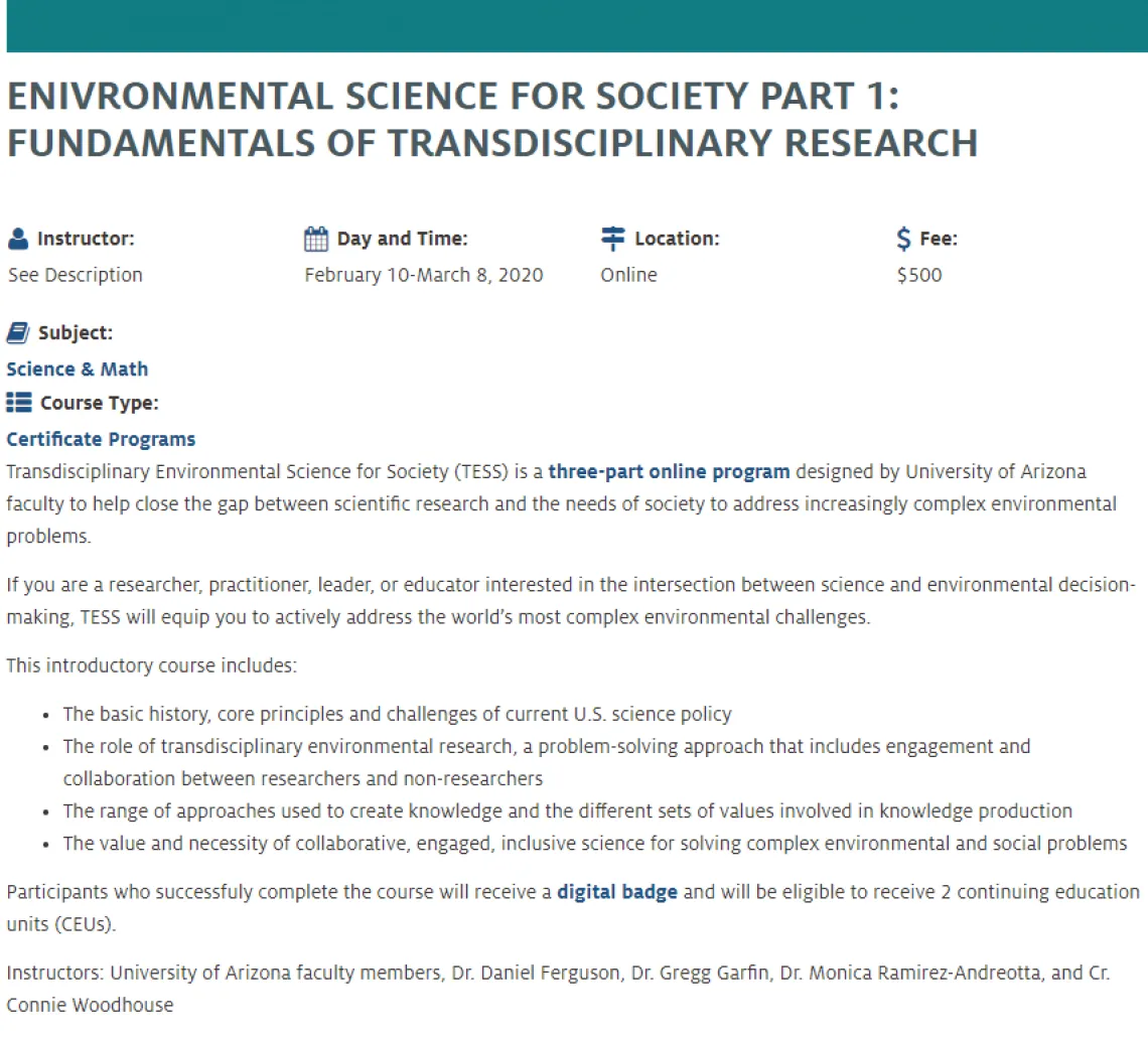 Screenshot of a course description for Environmental Science for Society Part 1: Fundamentals of Transdisciplinary Research