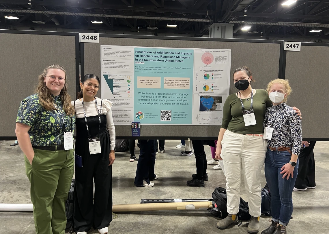 A group of four SWCASC NRWD Fellows stands side by side, smiling and posing in front of their research poster at the AGU 2024 conference.