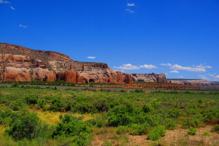 Photograph of New Mexican landscape with mountains and cliffs in the distance.