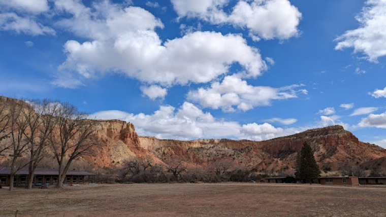 View outside the dining hall at Ghost Ranch